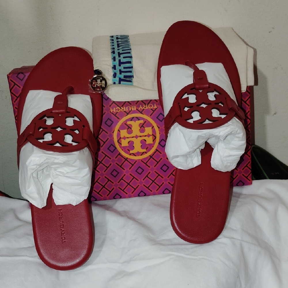 Tory Burch Red Cutout Logo Slide Sandals